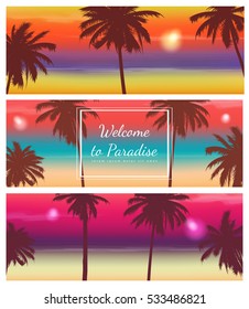 Travel Banner with Palm Trees. Exotic landscape. Vector illustration
