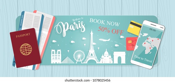 Travel banner with passport and tickets, World famous landmark trip with Paris, France concept, from discount 50% off. Vector illustration.