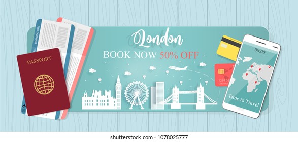 Travel banner with passport and tickets, World famous landmark trip in London, England, from discount 50% off. Vector illustration.