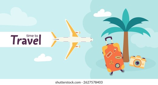 Travel banner, plane flying toward tropical vacation with suitcase, palm, and camera in hand drawn, cartoon style. Suitable for travel websites, summer ads, and holiday promotions
