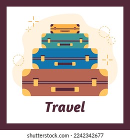 Travel banner or poster for social media and print materials, flat vector illustration. Travel and recreation advertising flyer or leaflet with heap of suitcases.