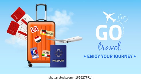 Travel banner. Realistic plastic luggage bag on wheels, two tickets, foreign passport and plane on blue sky, journey and holiday trip poster, flights around world. Vector realistic concept