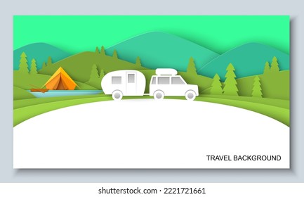 Travel banner. Road trip paper cut 3d vector. Holiday adventure. Outdoor camping recreation in nature during summer or spring vacation illustration. Weekend journey landscape