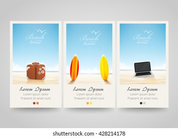 Travel Banner Set With Surf, Laptop, Bag. Poster, Flyer Or Ticket Design. Beach Background. Freelance Or Vocation. Vector Illustration