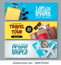 Travel banner set vector background template. Travel and tour banner collection with travel elements and tourist destinations and typography for promotions. Vector illustration.
