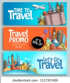 Travel banner set vector template design with travel and tour text and world's famous landmarks and tourist destinations elements in colorful background. Vector illustration.
