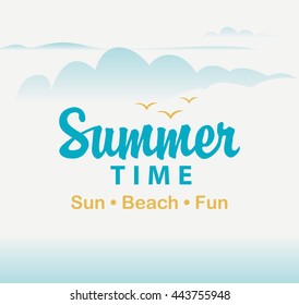 Travel banner with sky, clouds, birds, and the words summer