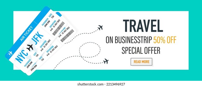 Travel banner with a special offer for a business trip, travel tickets. 50% discount. Vector illustration