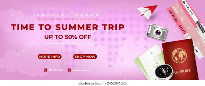 Travel banner with travel stuff and copy space for your own text - vector illustration
