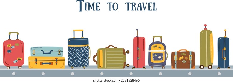 Travel banner. Suitcases on the claim line isolated on white. Travel, vacation and business trip concepts. Flat vector illustration background.