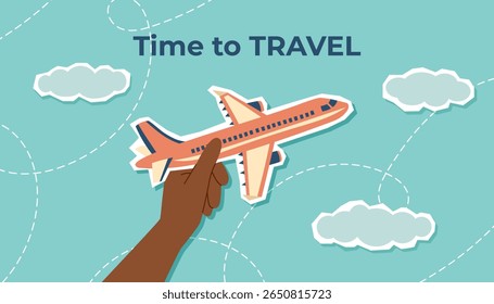 Travel banner. Summer, travel and vacation concepts. Human hand holding an airplane. Travel destinations. Vector flat background.	