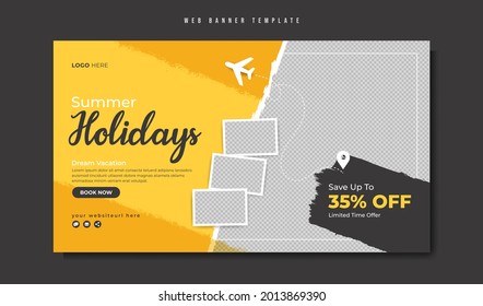 Travel banner template design for business marketing in social media and web. Travelling, tour and tourism promotion video thumbnail. Summer beach holiday flyer background with abstract graphic.