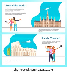 Travel banner template design set with travellers, Coloseum Roma and City Hall in Vienna Austria. Vector illustration eps 10