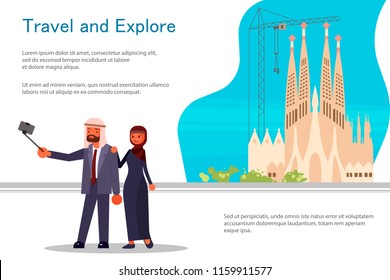 Travel banner template design with travellers, Sagrada Familia and tour text. Vector illustration eps 10