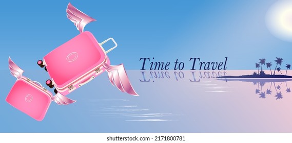 Travel banner template with flying luggage and a tropical island on the horizon
