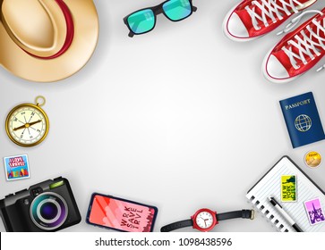 Travel Banner Template Top View with Space for Text Including Realistic 3D Items for Travelling Like Backpack, Sneakers, Mobile Phone, Passport and Sunglasses in Isolated White Background. Vector