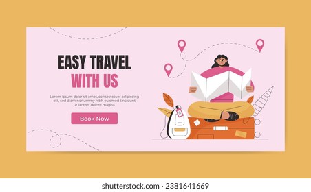 Travel banner template. Tourist character with luggage. Hand drawn flat illustration.
