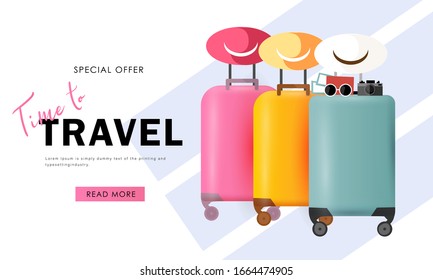 Travel banner with ticket, suitcase, hat, camera, sunglass. Discount text offer for poster, cover, label, black friday. 3D traveling bag in pink, blue, yellow. Special paper offer origami design. 