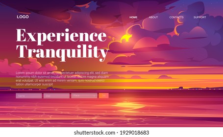 Travel banner of tranquility rest with cartoon landscape of sea sunset. Vector landing page of calm vacation on sea or lake shore with illustration of coastline and sky with clouds and evening sun