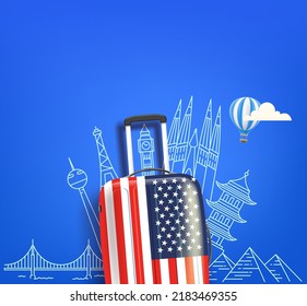 Travel banner with USA bag and doodle world sights. 3d Vector banner with copy space
