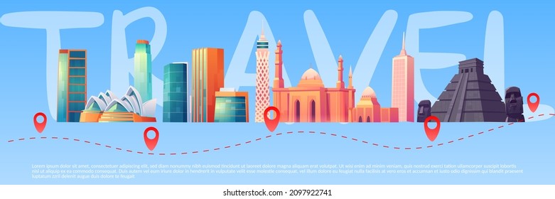 Travel banner with world landmarks on skyline and trip route with points. Concept of journey, global tourism. Vector poster with cartoon famous buildings of mayan pyramids, dubai skyscraper and mosque