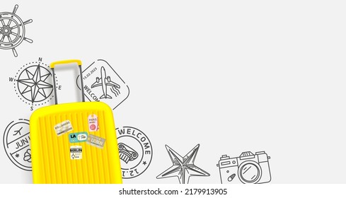 Travel banner with yellow bag, doodle elements and copy space. Vector illustration 