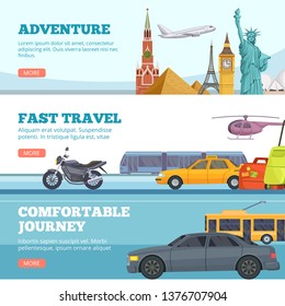 Travel banners. Globe adventure transport travellers landmarks london paris new york russia comfortable cars airplane tourists vector