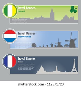 Travel banners: Ireland, Netherlands and France