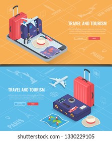 Travel banners in Isometric style. Travel and tourism. Concept website template. Vector illustration