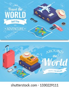 Travel banners in Isometric style. Travel and tourism concept. Vector illustration