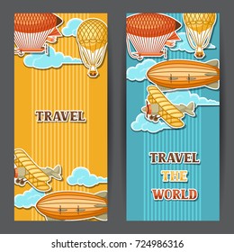 Travel banners with retro air transport. Vintage aerostat airship, blimp and plain in cloudy sky.