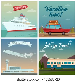 Travel Banners. Sea Holidays Passenger Ship, Car, Air Plane, Train. Tourism Industry. Vector Illustration