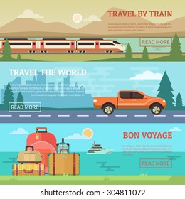 Travel banners set in flat style. Elements for the design of the website, illustrations and business concept. Train, car, luggage