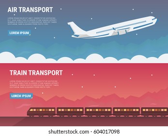 Travel banners set in flat style. Elements for the design of the website, illustrations and business concept. Plane, train.