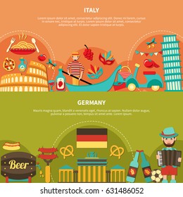 Travel banners set with italian and german food drinks and places of interest flat images with text vector illustration