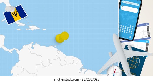 Travel To Barbados Concept, Map With Pin On Map Of Barbados. Vacation Preparation Map, Flag, Passport And Tickets. Vector Illustration In Flat Design.