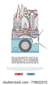 Travel Barcelona poster with famous architectural attractions on big camera. European traveling advertising, time to travel vector concept in linear style. Barcelona historic landmarks, german tourism