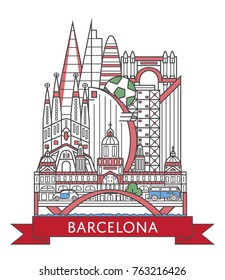 Travel Barcelona poster with national architectural attractions in trendy linear style. Barcelona famous landmarks on white background. Spanish tourism advertising and european voyage vector concept.