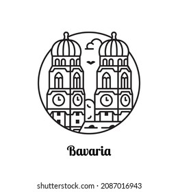 Travel Bavaria line icon inspired by Munich cathedral. Frauenkirche symbol and architectural landmark stylized in circle shape.