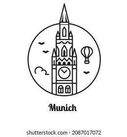 Travel Bavaria line icon inspired by Munich New City Hall travel symbol and architectural landmark stylized in circle shape.