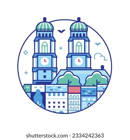 Travel Bavaria line icon inspired by Munich cathedral. Frauenkirche symbol and architectural landmark stylized in circle shape.