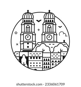 Travel Bavaria line icon inspired by Munich cathedral. Frauenkirche symbol and architectural landmark stylized in circle shape.