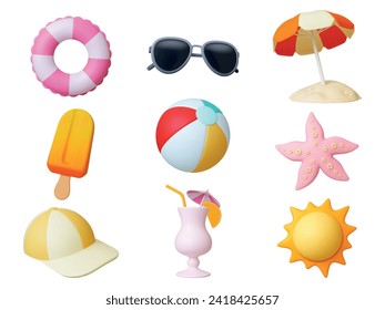 Travel beach 3d render icons. Summer realistic elements, isolated ice cream, cocktail and sun umbrella. Holidays on sea, star fish and ball, pithy vector set