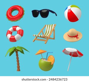 Travel beach 3d render icons. Summer realistic elements, isolated , cocktail and sun umbrella. Holidays on sea, sunglass and ball, pithy vector set