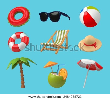 Travel beach 3d render icons. Summer realistic elements, isolated , cocktail and sun umbrella. Holidays on sea, sunglass and ball, pithy vector set