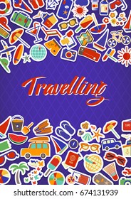 Travel beach flat background. Flat design style modern vector illustration icons set of traveling on airplane, planning a summer vacation, tourism and journey objects and passenger 