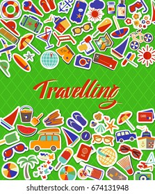 Travel beach flat background. Flat design style modern vector illustration icons set of traveling on airplane, planning a summer vacation, tourism and journey objects and passenger 