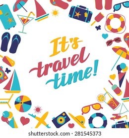 Travel beach flat  calligraphy background. Flat design style modern vector illustration icons set of traveling on airplane, planning a summer vacation, tourism and journey objects and passenger
