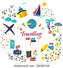 Travel beach flat calligraphy background. Flat design style modern vector illustration icons set of traveling on airplane, planning a summer vacation, tourism and journey objects and passenger