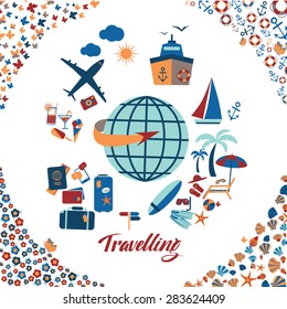 Travel beach flat calligraphy background. Flat design style modern vector illustration icons set of traveling on airplane, planning a summer vacation, tourism and journey objects and passenger